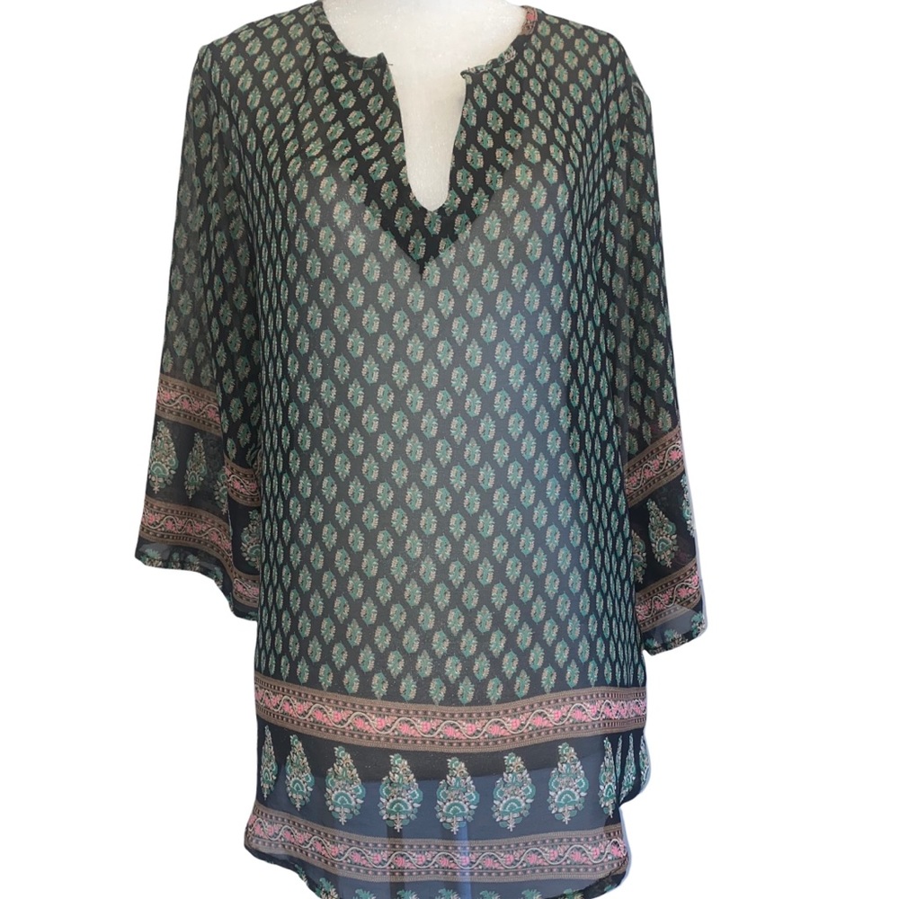 Trinity Semi-Sheer Black/Green Boho Blouse M